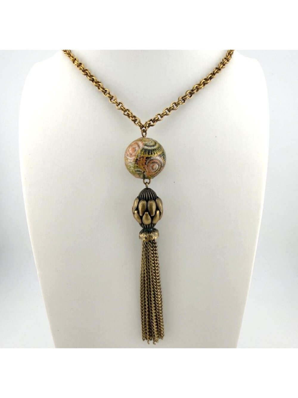 Vintage Painted Pendant Tassel Necklace Brass Tone 24" Long
